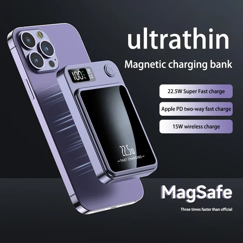 30000mAh Magnetic Power Bank 22.5W Fast Charging Portable External Battery Ultra Thin Safe Wireless  For iPhone Huawei Samsung