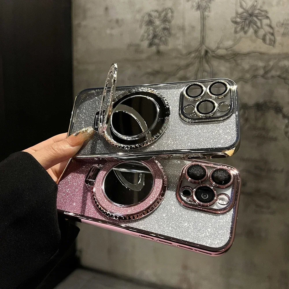 for Magsafe Glitter Mirror Gradient Case for iPhone 15 14 13 11 12 16 17 Pro Max Air Xr Xs 16 Plus Bracket Stand Make Up Cover
